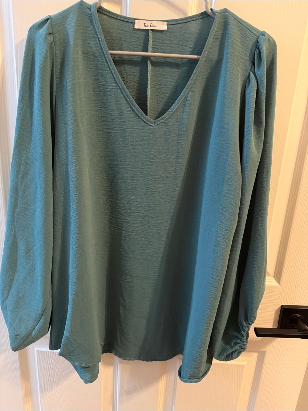 Tres Bien light Teal V-Neck Textured Long Sleeve Blouse